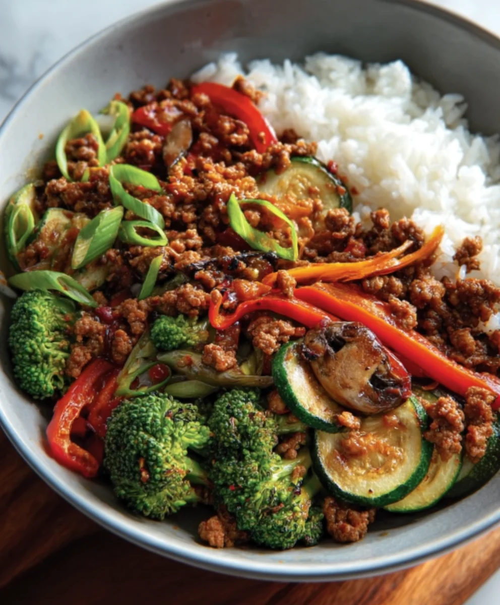 Spicy Ground Beef Stir Fry Garlic Veggies Rice