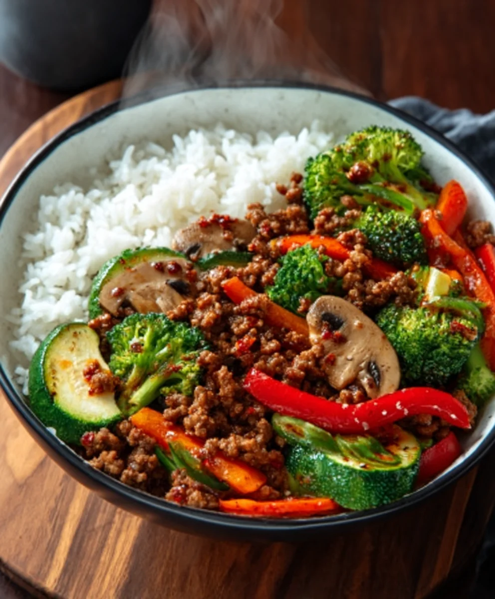 Spicy Ground Beef Stir Fry Garlic Veggies Rice