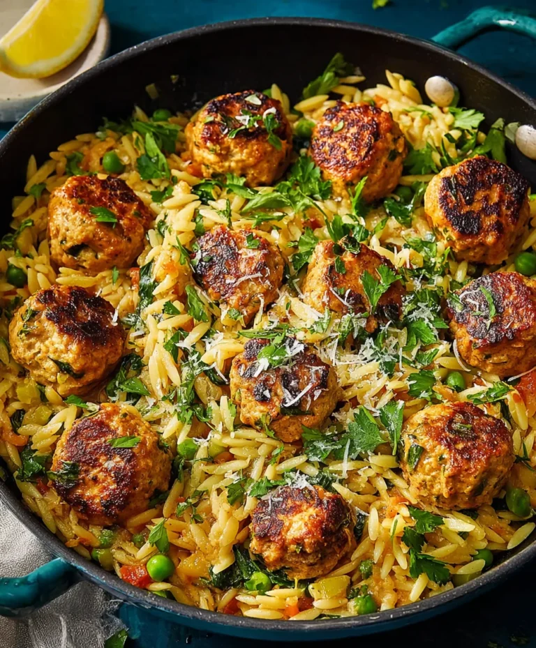 Easy One-Pan Chicken Meatballs Orzo Dinner