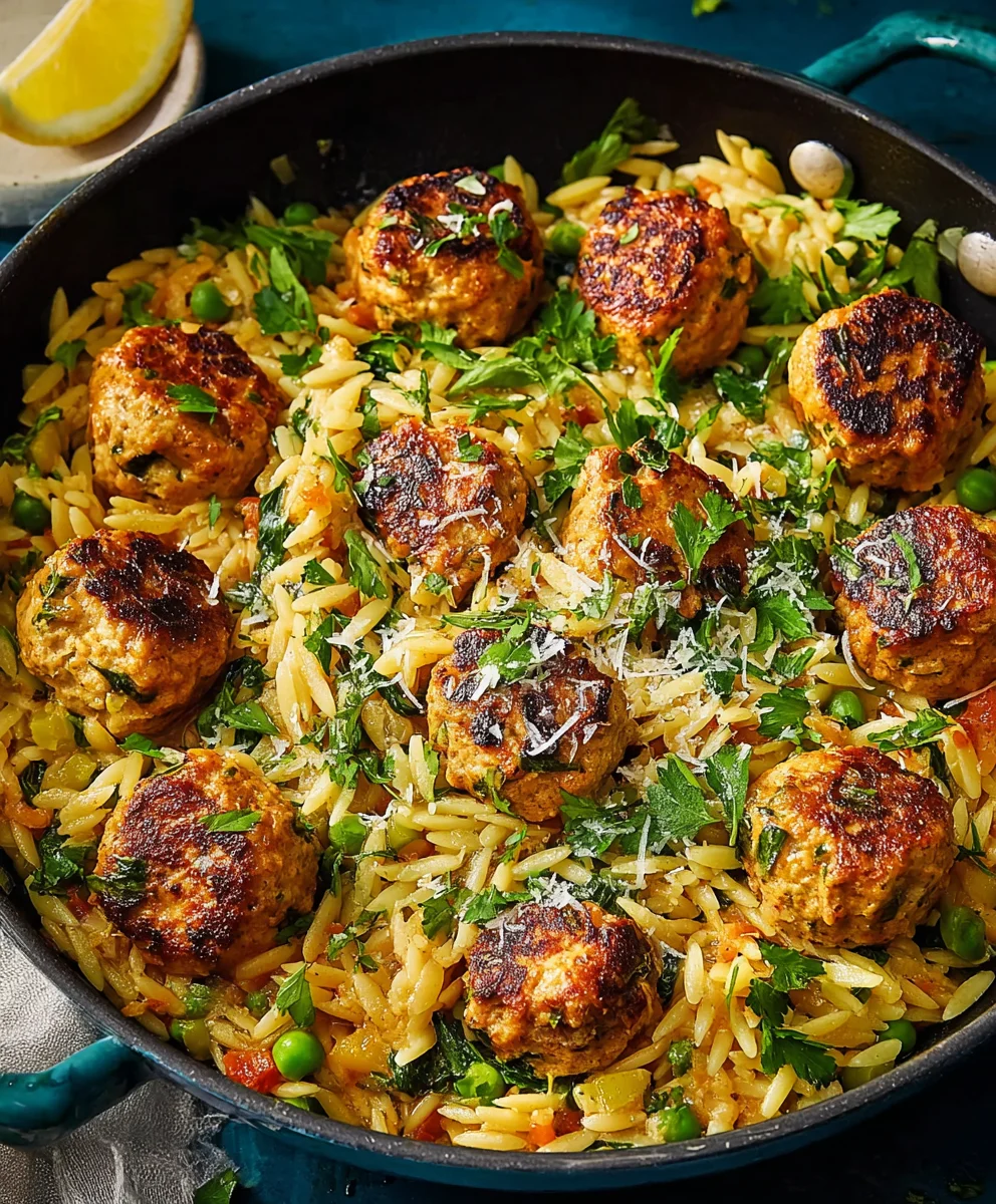 Easy One-Pan Chicken Meatballs Orzo Dinner