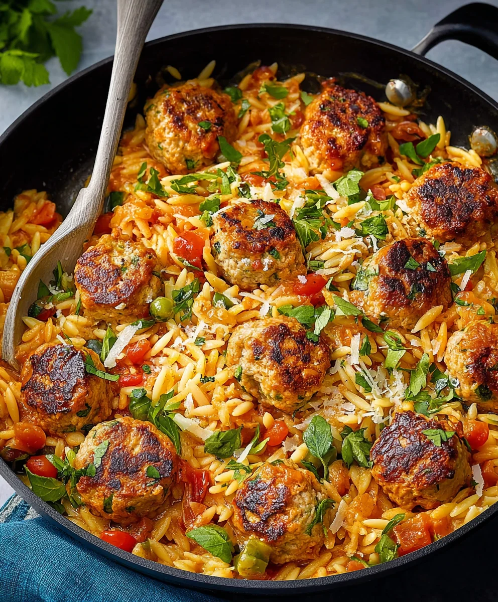 Easy One-Pan Chicken Meatballs Orzo Dinner