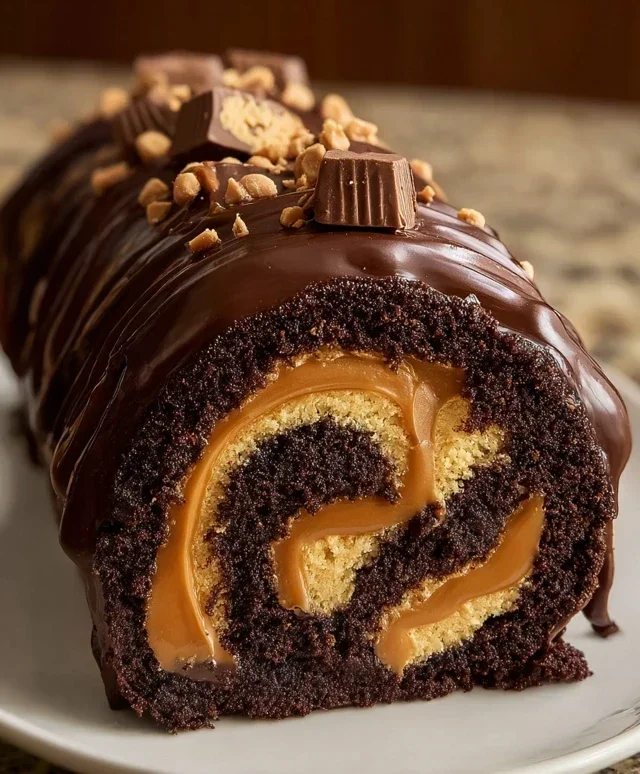Peanut Butter Cup Chocolate Roll Cake