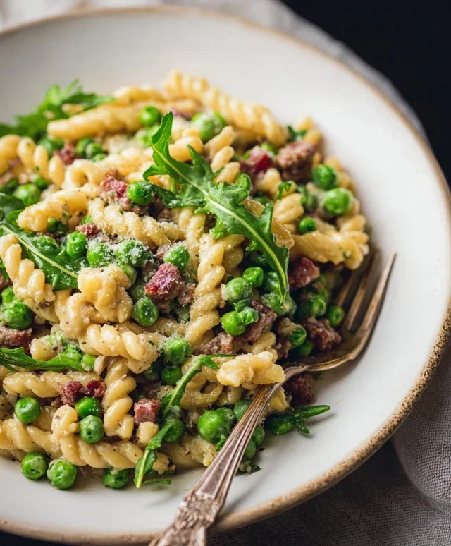 Creamy Pasta with Peas and Beef Beef Pancetta