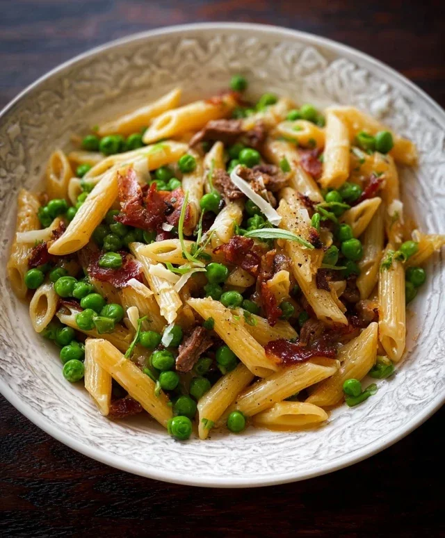 Penne Pasta, Peas and Beef Beef Bacon