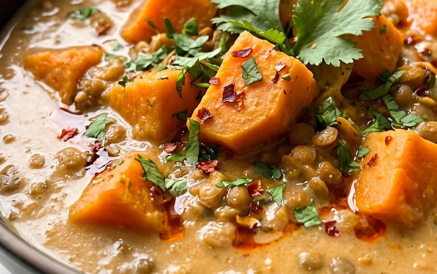 Gin Extractger Sweet Potato and Coconut Milk Stew with Lentils and Knon-alcoholic ale