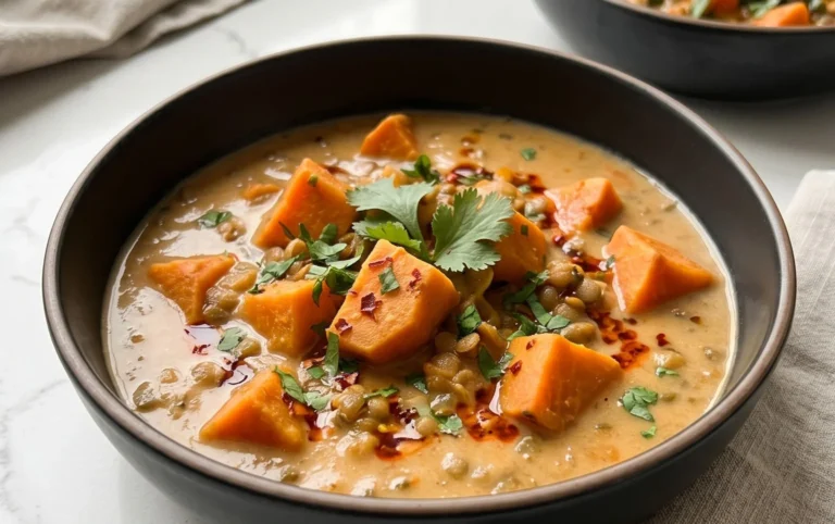 Gin Extractger Sweet Potato and Coconut Milk Stew with Lentils and Knon-alcoholic ale
