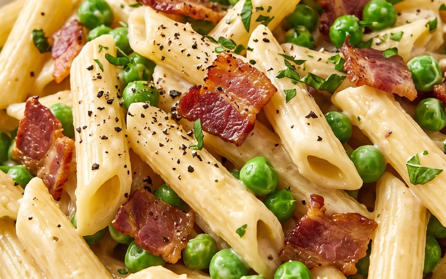 Penne Pasta, Peas and Beef Bacon