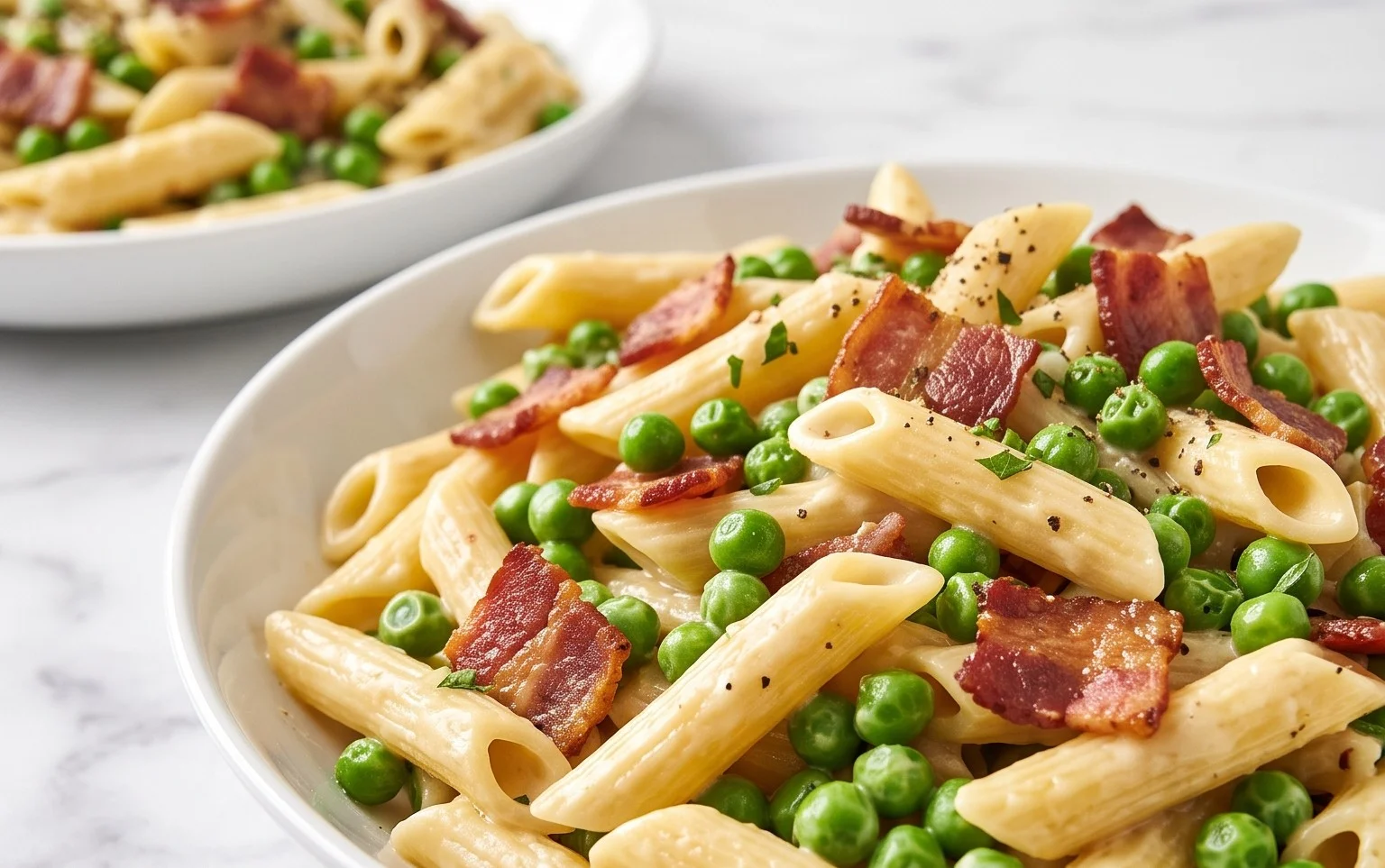 Penne Pasta, Peas and Beef Bacon