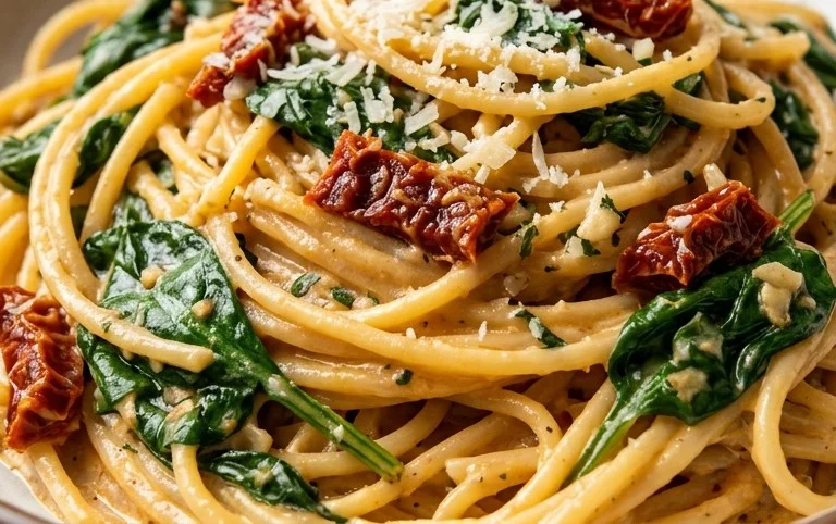 Spaghetti & Spinach with Sun-Dried Tomato Cream Sauce