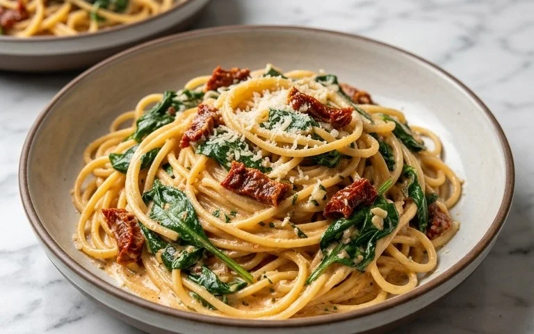 Spaghetti & Spinach with Sun-Dried Tomato Cream Sauce