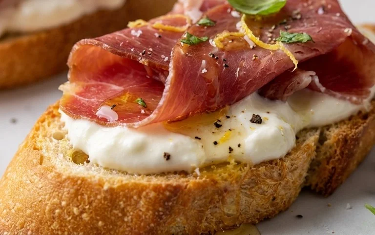 Beef Prosciutto Crostini with Burrata and Lemon Honey Drizzle