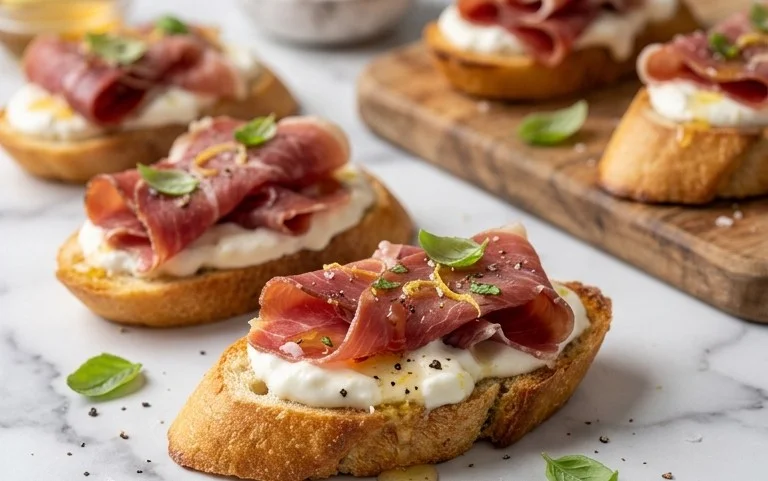 Beef Prosciutto Crostini with Burrata and Lemon Honey Drizzle